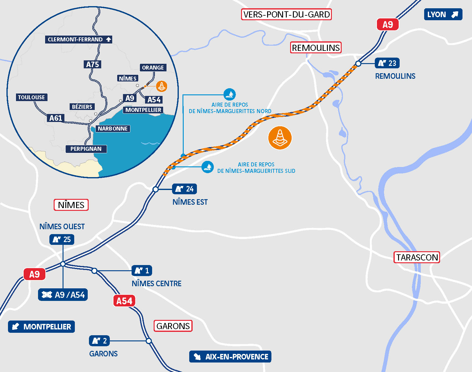 Entre Remoulins et Nîmes Est A9 Travaux de rénovation des chaussées